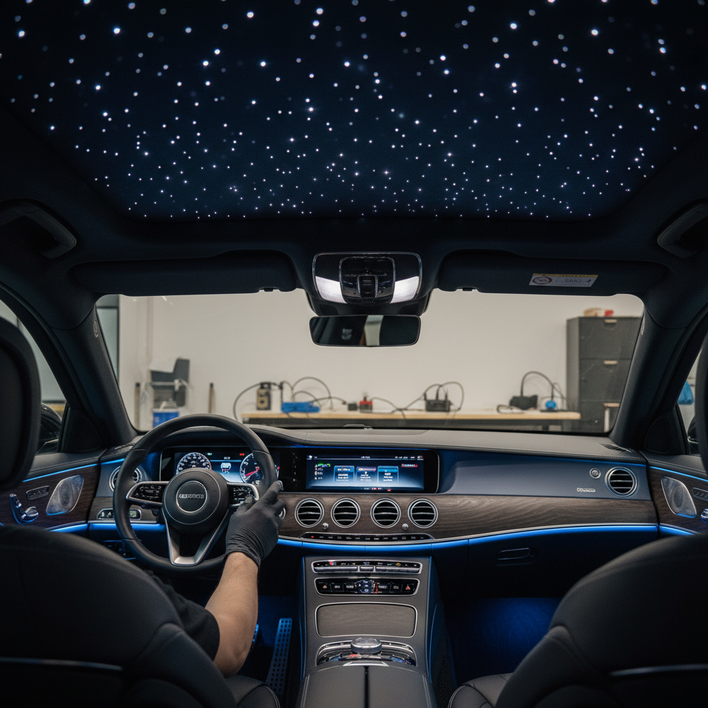 Starlight‑Dachhimmel mit Faseroptik und Micro‑LEDs im Fahrzeuginterieur