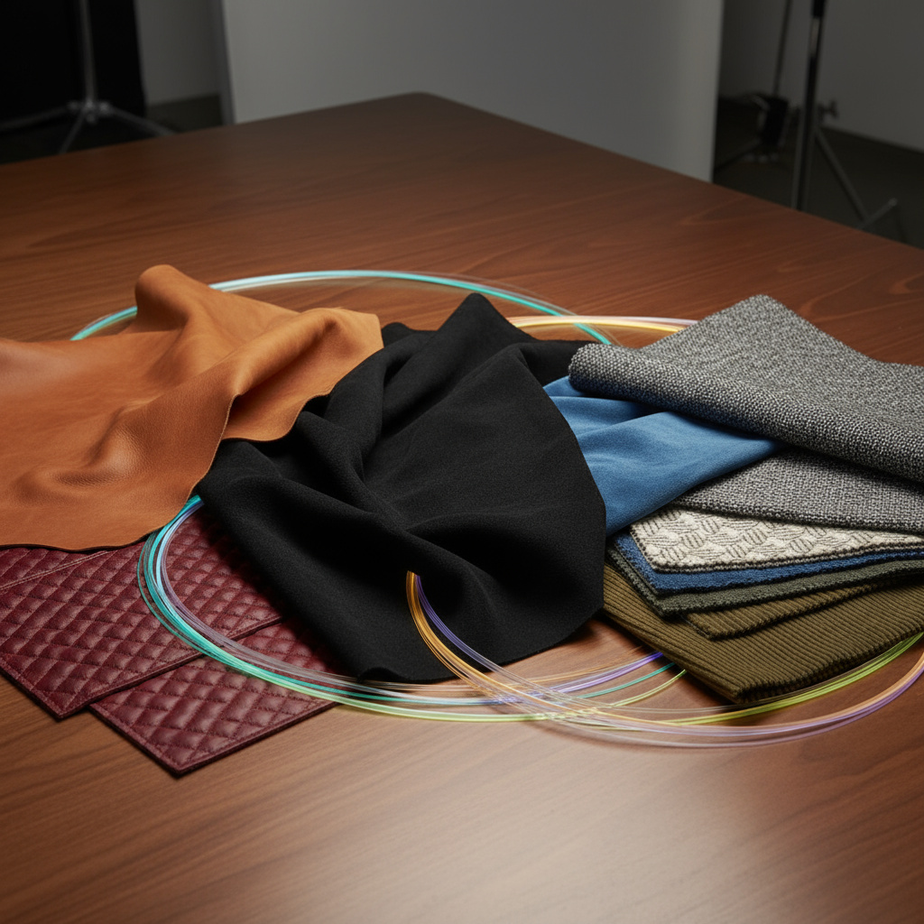 Materialmuster: Alcantara, Leder, Textilien und LED‑Faserbündel