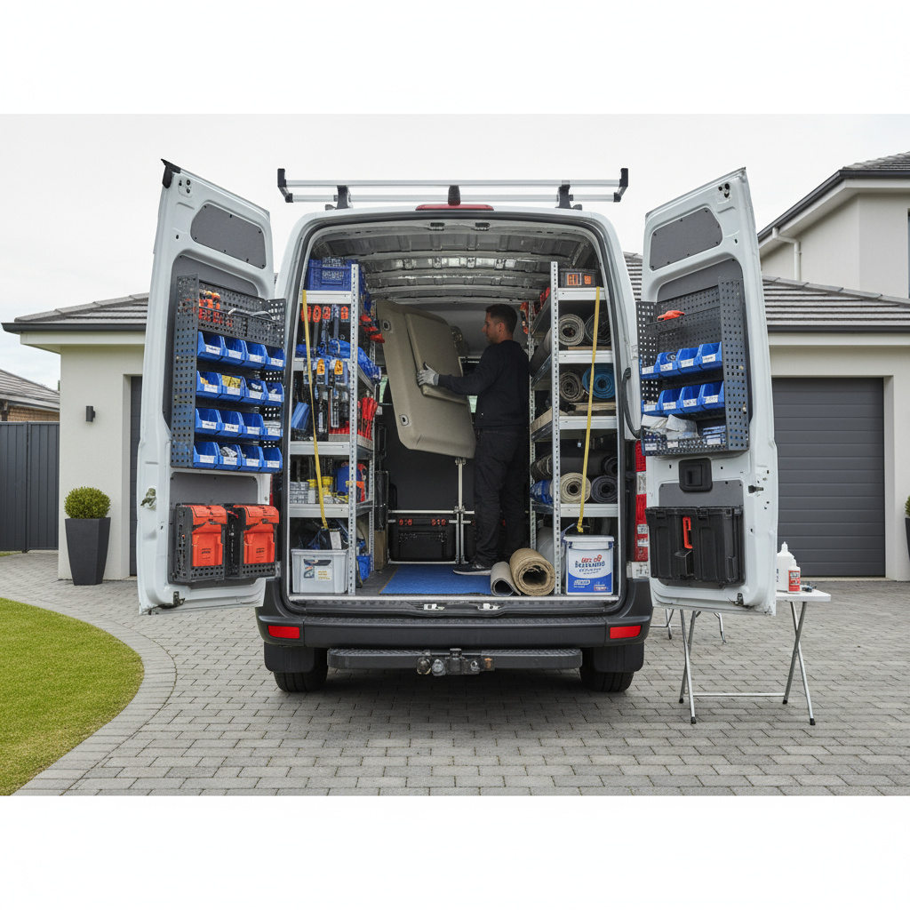 Mobile Montage: ausgebauter Transporter mit organisiertem Werkzeug für Dachhimmel‑Installationen